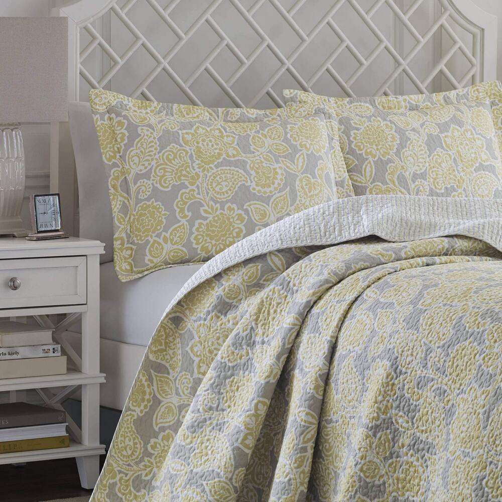 Laura Ashley Joy Reversible Quilt Twin Gray Cotton Yellow Botanical Striped
